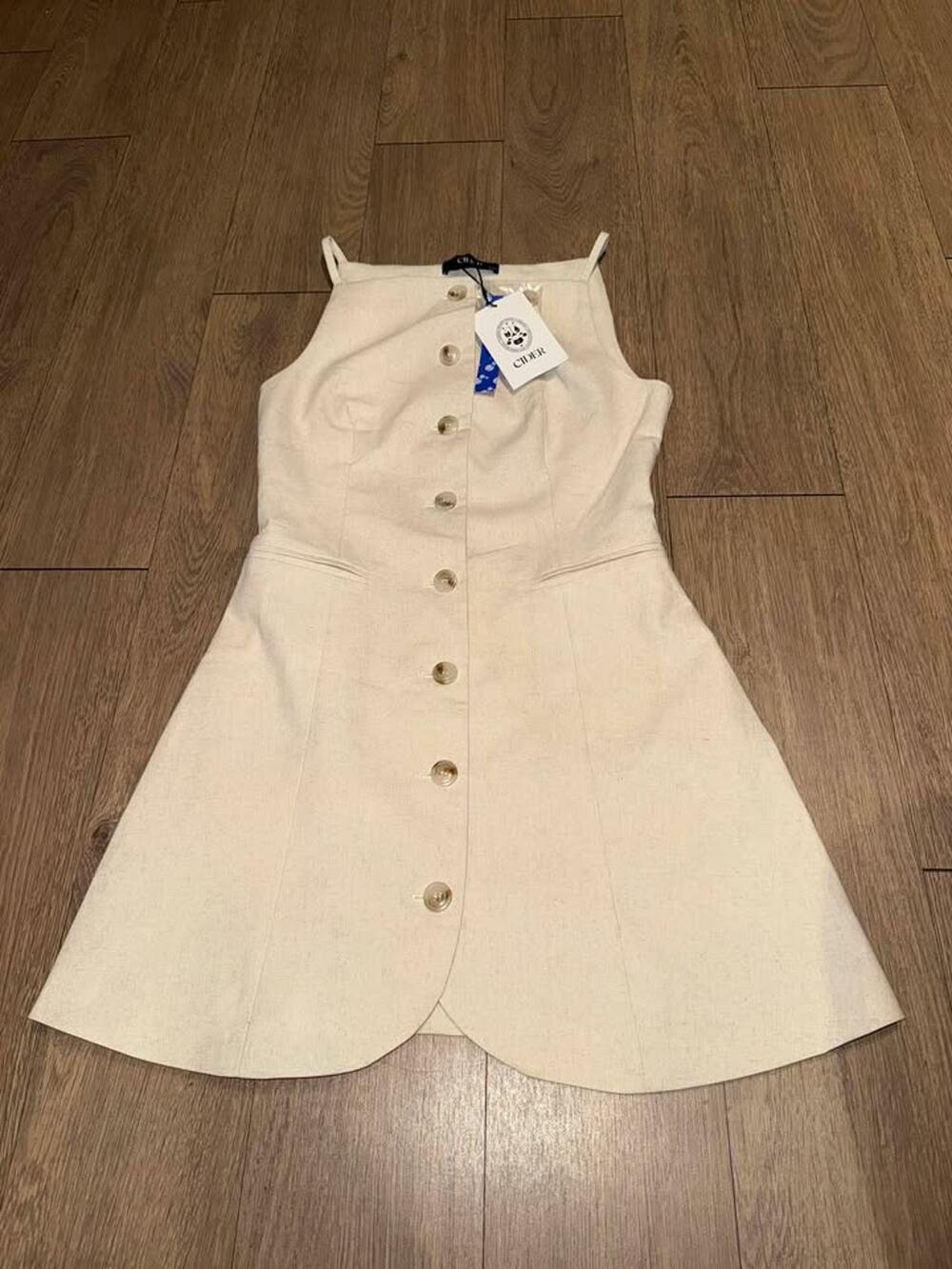 CIDER Beige Linen-Blend Button Front Mini Dress — Spaghetti Strap, Size XXS